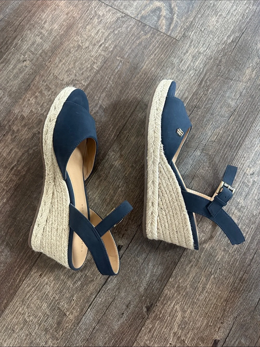 Tommy Hilfiger Navy Espadrille Wedge Sandals with Gold Logo